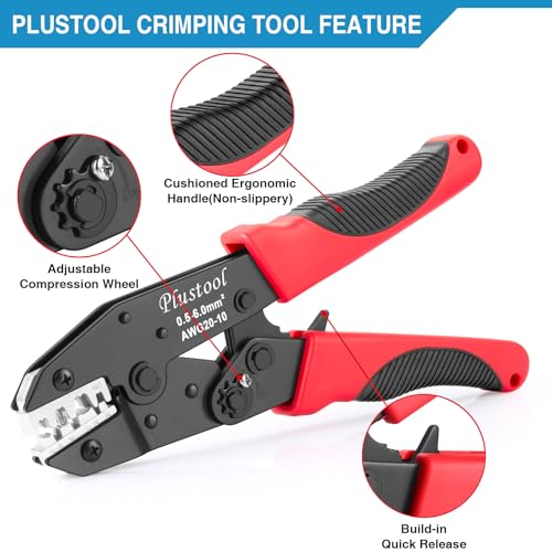 Plustool Crimping Tool for Non-Insulated Open Barrel Terminals & Receptacles AWG 20-10, Ratcheting Wire Crimper Tool - Crimping Pliers - Electrical Crimping Tool