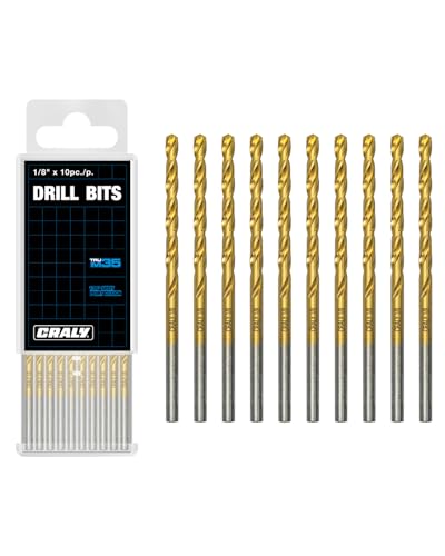 CRALY 1/8 Inch 10-Pc Cobalt Drill Bit Pack, M35 HSS Titanium Coated Jobber Length Twist Drill Bits, 135 Degree Split Point, for Hard Metal, Stainless Steel, Cast Iron, Plastic - style: 1/8‘’ 10-Pack