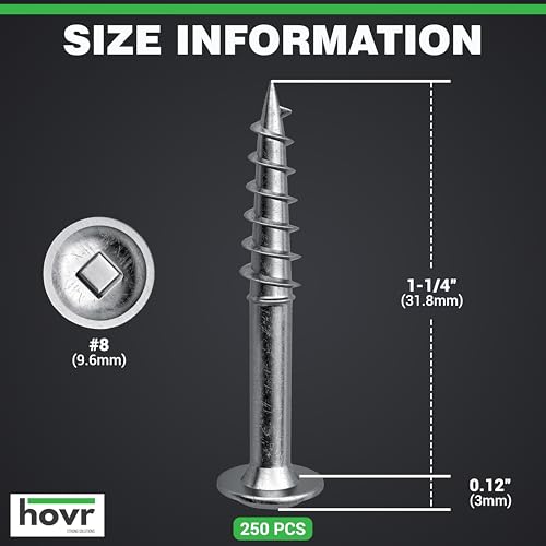 HOVR Solutions Zinc Plated Pocket Screws, #8 x 1-1/4in Square Drive, 250Pk