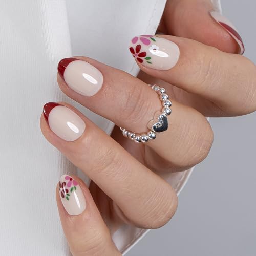 CurvLife Extra Short Almond Press On Nails, Pearl Shimmer Champagne Dots - color: C8 - Wine Petal