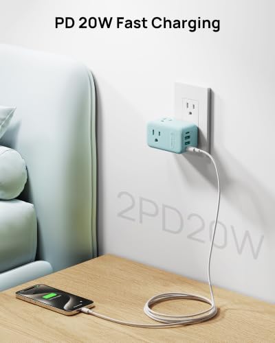 TROND Outlet Extender with USB, Multi Plug Wall Outlet with 3 AC Chargers - color: Mint Green, size: 3 Prong-1 Pack