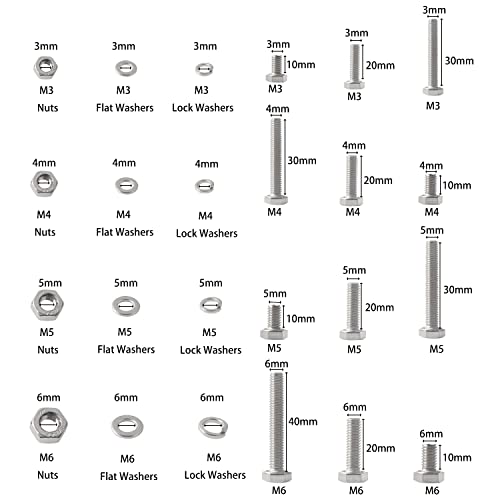 newlng M3 M4 M5 M6 Bolts and Nuts Flat and Lock Washers Assortment Kit 520 PCS Metric 304 Stainless Steel Hex Head Cap Screws Bolts and Nuts Assortment Set Fasteners Bolts Kit with Combination Box - size: F-M3456