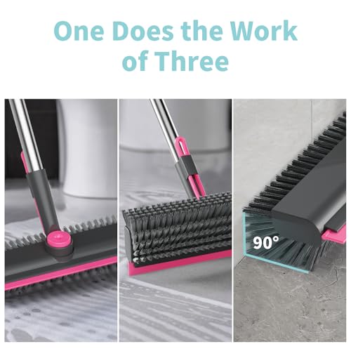 AIR U+ Floor Scrub Brush with Long Handle, 3-in-1 Rotating Head & Squeegee - color: Gray and Pink, size: 1 PACK