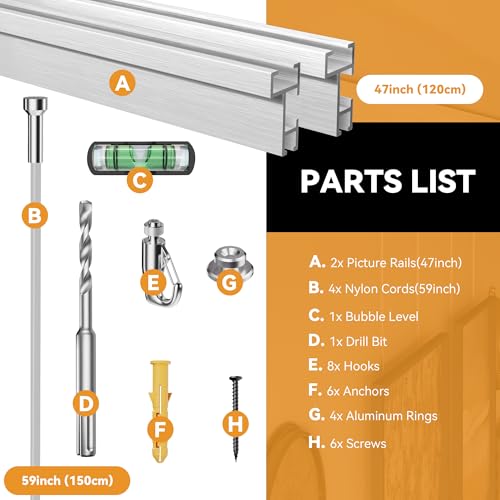 Picture Rail Hanging System 47 inch, Heavy Duty Picture Hanging Kit