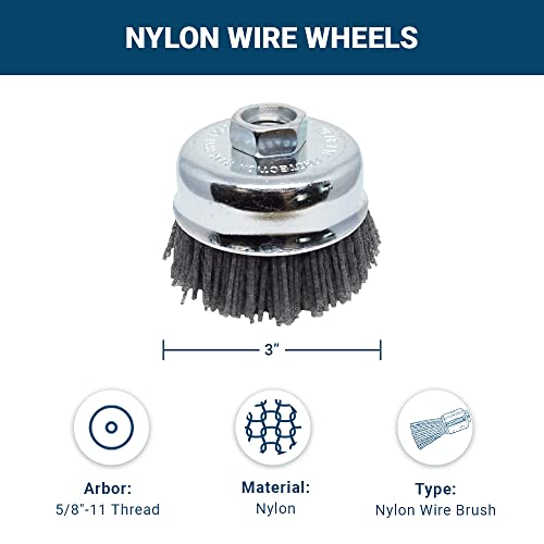 Benchmark Abrasives 3” Nylon Wire Wheel Cup Brush with 5/8"-11 Female Thread, Perfect for Rust or Paint Removal, Sanding, Polishing, Scrubbing, Heavy Grout Removal - (Gray) - color: Gray