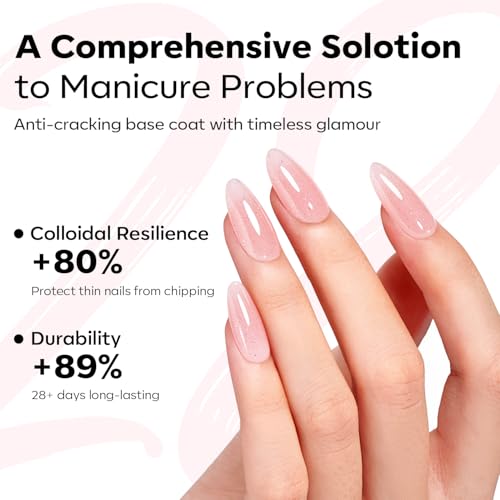 modelones Builder Rubber Gel Base Coat for Nails, Nude Pink Glitter Rubber Base Gel Nail Polish for Strengthen Apex Building Extension Protect Weak Nails Long Last U V Manicure Gift for Women - color: Rubber Base Coat Glitter Blush