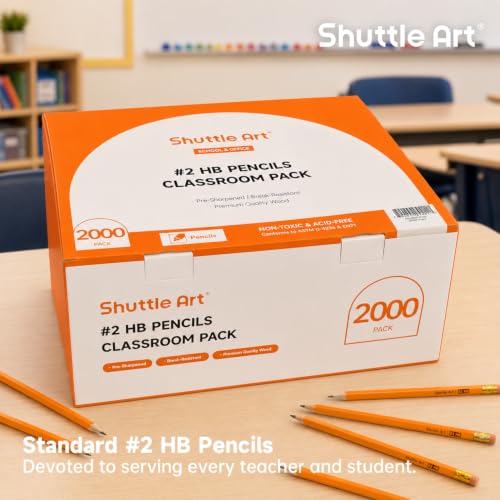 Shuttle Art 2000 Pack #2 HB Pencils Pre-Sharpened, Bulk Pencils with Erasers