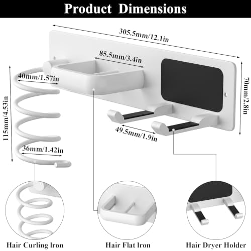 Tindbea Hair Dryer Holder Wall Mount Aluminum Alloy Hot Tools Organizer White - color: White