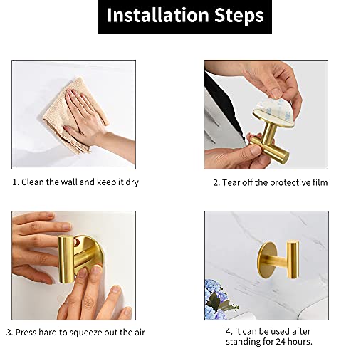 Vuzvuv Brushed Gold Self Adhesive Stainless Steel Towel Hooks (2-Pack) | SUS304, Self-Adhesive, Heavy Duty, Waterproof, Coat Robe Wall Hook for Bathrooms Kitchen Hotel - color: Gold-2 Pcs