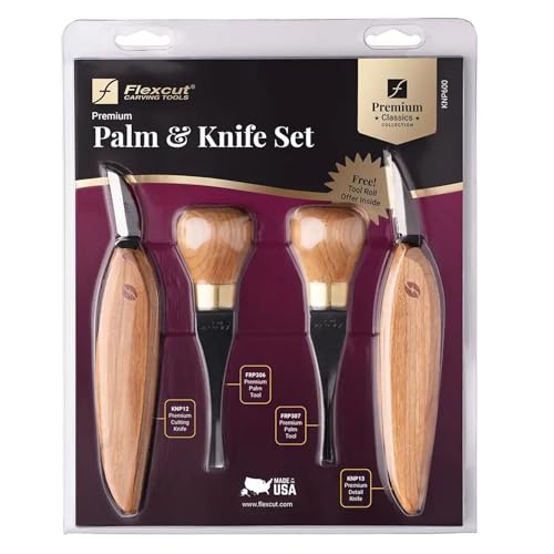 Flexcut Premium Series Wood Carving Tool Set, 4-Piece Beginner Palm & Knife Set with Cutting and Detail Knives, Sweep and Parting Palm Tools, Ergonomic Cherry Wood Handles, USA Made