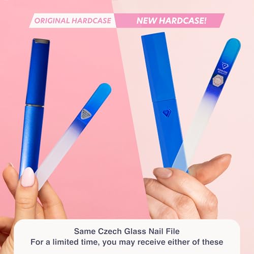 Bona Fide Beauty Glass Nail File with Case (Aqua Cobalt), Made in Czech | Genuine Bohemian Czech glass nail file for natural nails, reusable etched fine grit nail filer, easy to wash nail file - color: Aqua/Cobalt