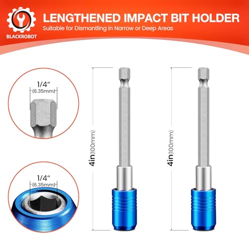 BLACKROBOT 2-Piece Magnetic Quick Change Impact Bit Holder, 4-Inch Long Drill Bit Extension for 1/4" Hex Drives, Ideal for Screwdriver Bits, Nuts, Drills and Socket Driver Adapters - size: 4 inch