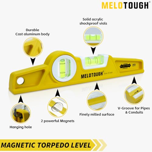 MELOTOUGH 10 Inch Die-Cast Aluminum Magnetic Torpedo Level,Small Magnetic Level for Construction,Carpentry,Scaffolding,Torpedo Level with Rare Earth Magnet,Pencil and Holster,Yellow - color: Yellow-1pcs