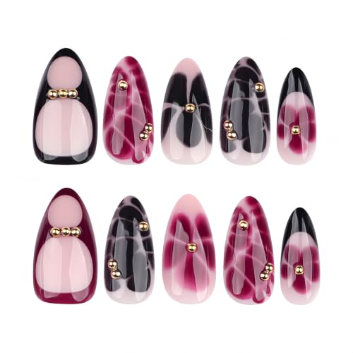 French Press On Nails Short Almond Shape, Fall Fake Nails Adorned with Black and Burgundy Petal Accents, 3D Design, Glossy Gel Finish Acrylic Nails, Natural Reusable Glue On Nails - color: 36-Flaunt Bloom