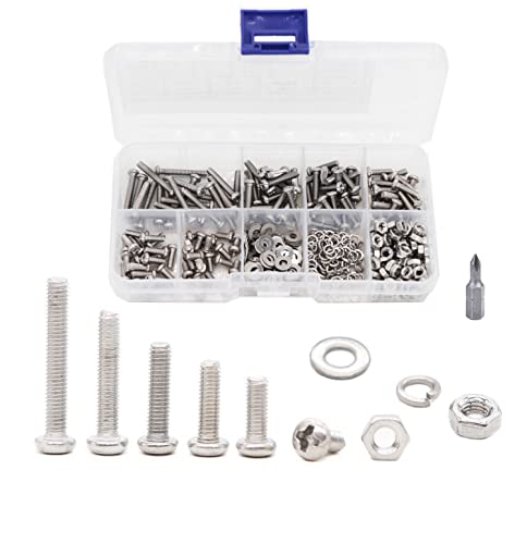 cSeao 420pcs M3 x 6mm / 8mm/ 10mm/ 12mm/ 16mm/ 20mm Pan Head Machine Screws Washers Hex Nuts Assortment Kit, Phillips Drive, 304 Stainless Steel - size: M3