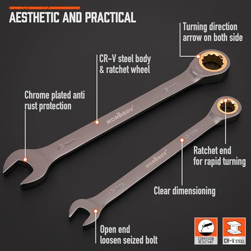 HORUSDY 12-Piece Metric Ratcheting Wrench Set | 8-19 mm | Ratchet Combination Wrenches Set with Organizer | 72-Teeth | Chrome Vanadium Steel - style: 12-Piece Metric Ratcheting - Basic
