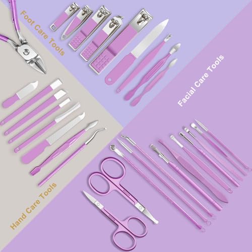 Manicure kit for Women Personal Nail Care Kit, 30 in 1 Professional Stainless Steel fingernail and toenail Clippers,Pedicure Kit and Beauty Tools Portable Set with Luxurious Travel Case (Purple) - color: 30 in 1 Purple