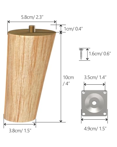 Wood Furniture Legs, 4 inch Solid Wood Sofa Legs Pack of 4 Round Couch Legs Replacement Legs for Sofa Dresser Coffee Table Cabinet Bed Home DIY (4"/10cm Slant) - size: 4"x2.3"