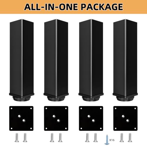 QLLY 10 inch Square Adjustable Metal Furniture Legs, Heavy Duty Black Cabinet Feet with Leveling Pads, Set of 4 for Sofa, Couch, Ottoman, Cabinet and Shelf Replacement - color: Black, size: 10 inch