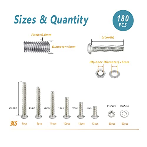 KADRICK 180PCS M5 Screw Kit,Hex Socket Button Head M5 Bolts 8mm-30mm - size: SS M5 180Pcs 10-30mm
