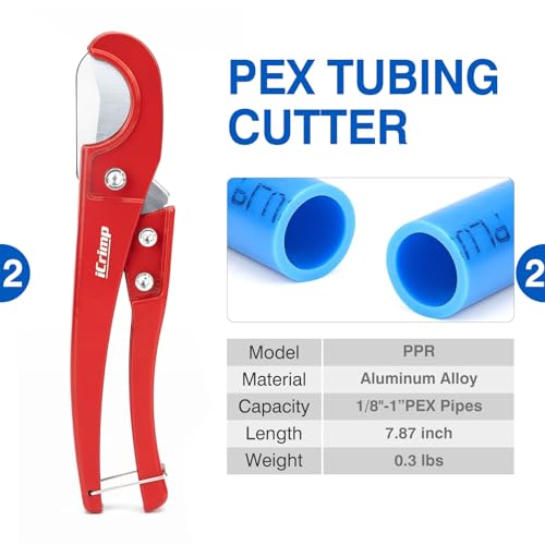 iCrimp PEX Crimping Tool Kit for 3/8-in, 1/2-in, 3/4-in, 1-in PEX Clamp Cinch & Removal, c/w 1/2''(20 Pack) and 3/4''(10 Pack) PEX Clamp Rings, PEX Tubing Cutter