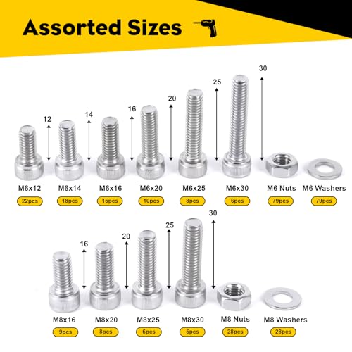 321PCS M6 M8 Socket Head Screws Kit, GTERNITY M6-1.0 M8-1.25 Assorted Machine Screws Nuts Washers 304 Stainless Steel 18-8 Metric Internal Hex Screws Bolts Nuts Washers Set - size: M6 m8 321 S
