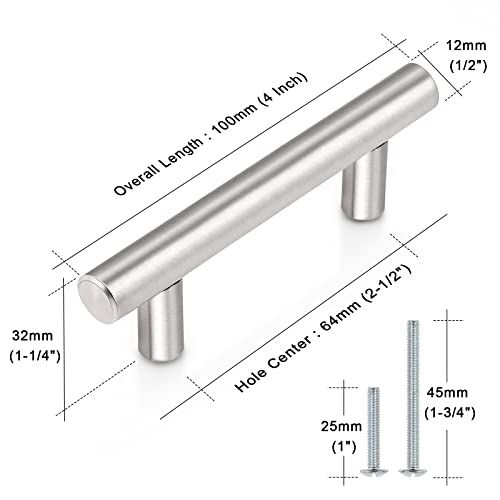 Probrico 5 Pack|T Bar Cabinet Pulls Stainless Steel Kitchen Handles Chest Knobs 2.5 Inch Hole Centers Brushed Nickel, 4 Inch Overall Length - color: Brushed Nickel, size: hole center 2-1/2"
