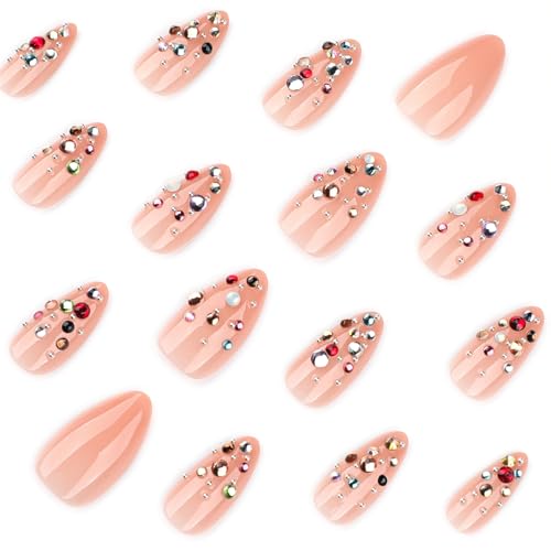 Mivota Press On Nails Almond Medium with Rhinestones, Nude Acrylic Fake Nails 24PCS, Glossy Crystal Stick On Nails, Reusable Glue On Nails Kit with Tools, Sparkly Luxury Party Nails for Women - color: 3D-75-Nude