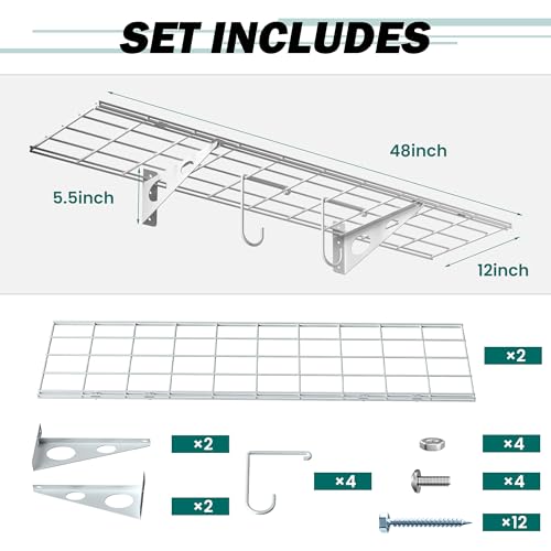 EVERHANGER Garage Wall Shelves, 12 X 48 Inch Wall Mounted Storage Shelves - color: White, size: 48X 12inch