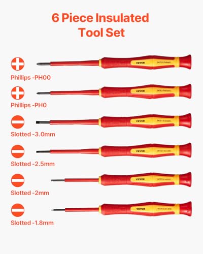 VEVOR Insulated Screwdriver Set, 6-Piece Professional Electrical Screwdriver Set, 1000V Insulated Electrician Tool Set, with Magnetic Phillips Slotted Tips, 360-Degree Rotating Screwdriver and Bag - style: 6pcs