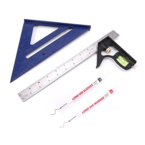Rafter Square and 12 inch Combo Square Set,Carpentry Squares, Combination Square with Bubbles/45°/90°/180° Woodworking Square, Aluminum Carpenter Measuring Tool Kit（Blue - color: Blue