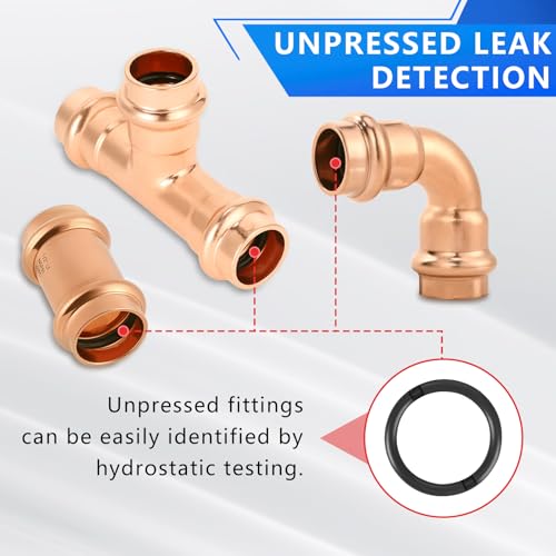 1/2" Copper Press Fittings Assortment Kit – 2 Tees, 3 Elbows, 5 Couplings |, Quick Press Copper Pipe Fittings for Plumbing Projects,10-Pack