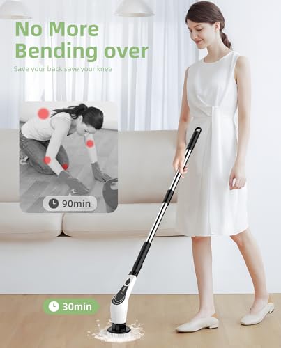 8-Head Cordless Electric Spin Scrubber, Adjustable Handle, White - size: 8heads