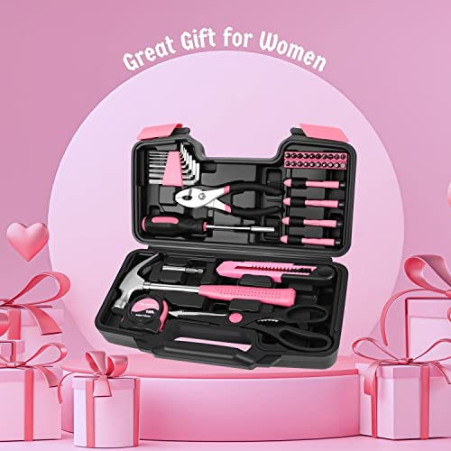 Flexzion 39 Piece Hand Tool Kits with Case - Compact Tool Kit for Handyman, Homeowners DIY - Household Tool Kit for Home with Portable Basic Tool Set Case, Pink - color: Pink & Black