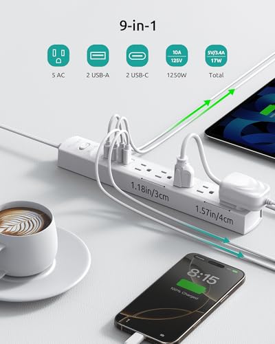 Flat Plug Surge Protector Power Strip, Outlet Cover 3ft Extension Cord - size: 5AC(3FT-2Prong)