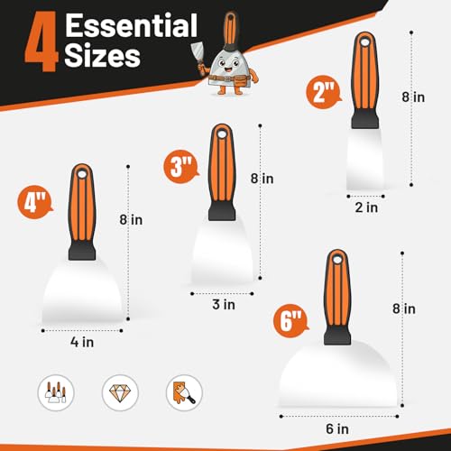 Fishark Putty Knife Set, 2/3/4/6in Stainless Steel Spackle Knives, 4Pcs - color: 2" 3" 4" 6"