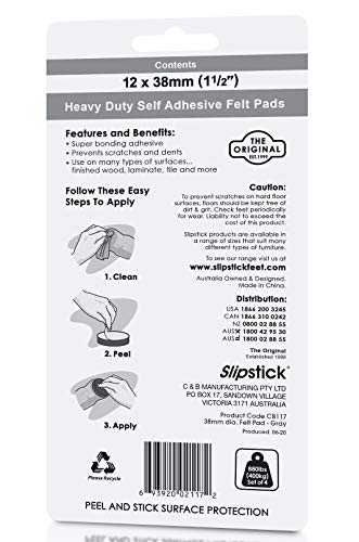 Slipstick Premium Wool Felt Furniture Pads/Chair Feet Floor Protectors (1.5 Inch Round) Includes 12 Heavy-Duty Felt Pads with Self Stick Adhesive, Gray, CB117 - size: 1-1/2" Round