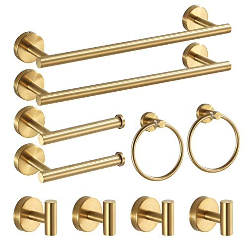 Bathroom Hardware Set Brushed Gold, 10pcs Towel Bar Set Including 2pcs16 inch Towel Bars, Toilet Paper Holders, Towel Rings and 4pcs Robe Towel Hooks - color: Gold-10pcs-16inch