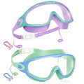 Aegend New Kids 2 Pack Wide View Swim Goggles, Anti-Fog/UV No Leak Goggles with Ear Plugs Kids 3-14 - color: Light Green & Purple