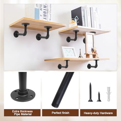 Storystore Industrial Pipe Shelf Brackets, 8 Pack Iron L-Shaped Shelving Brackets for 7-14 inches Board, Heavy Duty Metal Shelving Bracket - Black DIY Pipe Shelves (6.5 x 3.5 Inch) - size: 8 Pcs ( for board depth 7"-14")