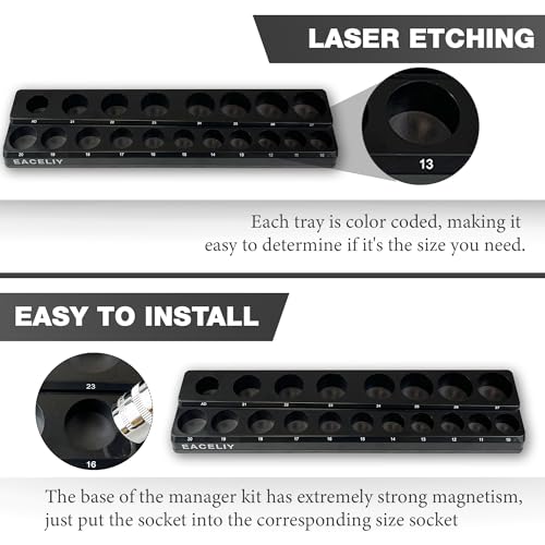 EACELIY Magnetic Socket Organizer Set,Metric Socket Holder Kit, Socket Trays，holds 75 Deep and Shallow 3/8" Sockets(sockets not included) 丨3Pcs 1/2", 1/4" and 3/8" （Black） - size: 3PCS Metric 1/2&3/8&1/4