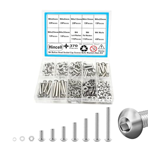 370pcs M4 Stainless Steel Screw Kit - Button Head Socket Cap Screws Bolts Washers Nuts (M4 x 6mm, 8mm, 12mm, 16mm, 20mm, 25mm, 30mm) - size: M4, style: Button Head Screws