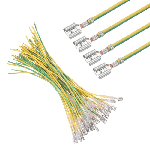MECCANIXITY 30Pcs 6.3mm Female Spade Crimp Terminal with 20cm Wires - color: Yellow/Green, size: 6.3mm, 20cm L