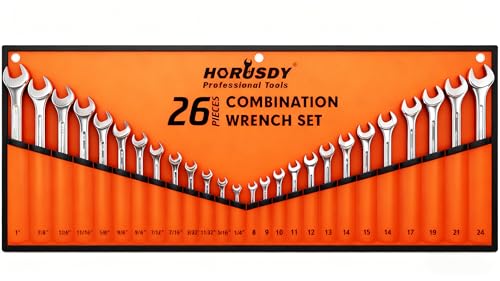 HORUSDY 26-Piece Durable Combination Wrench Set with Roll-up Pouch, Open End Wrench Set for General Household, Garage, Auto Repairs, SAE 1/4” - 1” and Metric 8mm - 24mm - style: Combination Wrench Set
