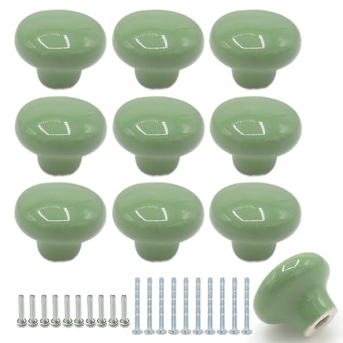 10-Pack Ceramic Cabinet Knobs Green 32mm Round Drawer Pull - color: Green