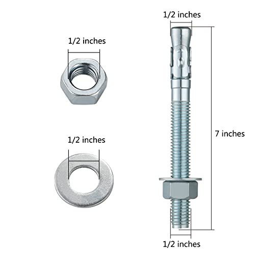 Wensilon 1/2x7" 10Pcs Inch Standard Fasteners for Heavy-Duty Zinc Wedge Anchors for Cement and Concrete - size: 1/2x7"
