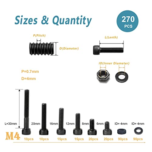 Kadrick Metric Screws Assortment,270 Pcs M4 Screw Kit,Hex Socket Head Cap Bolts, M4*6mm/8mm/12mm/16mm/20mm/30mm Screws Nuts and Washers, 12.9 Grade Alloy Steel,Black Zinc Plated,Anti Rust Upgrade - size: M4 270Pcs