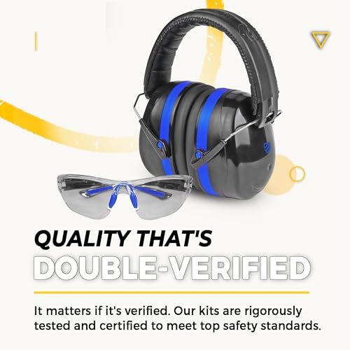 TradeSmart Shooting Ear Protection for Gun Range, NRR 28 Earmuffs & Eyewear - color: Clear Glasses - Blue