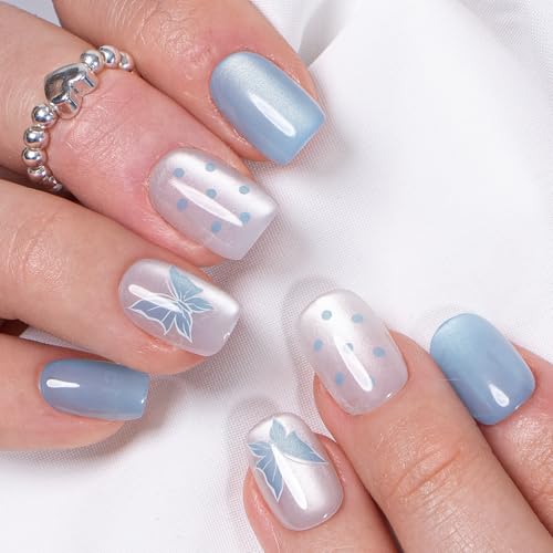 CurvLife Short Square Butterfly Design Press On Nails, Blue Flutter Blue - color: Blue Flutter