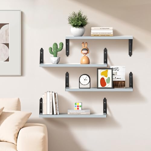 ROMGUAR CRAFT Wood Wall Floating Shelves Set of 4, 17" x 6" - Light Grey - color: Light Grey, size: 17" x 6"